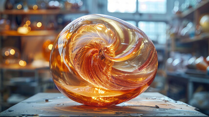 Hand-blown glass sculpture in a workshop.