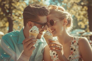 Young couple sharing ice cream while enjoying sunny weather outdoors, vintage style