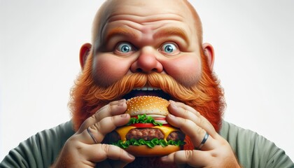 Funny man with a red beard eats a hamburger sandwich on a white. Takeaway food. Appetizing product