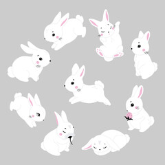 Naklejka premium Cute cartoon rabbits. Funny white hares, Easter bunnies. Standing, sitting, running, jumping, sleeping pose. Set of flat cartoon vector illustrations isolated on background. White Easter bunny rabbits