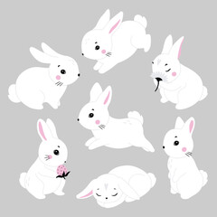 Cute cartoon rabbits. Funny white hares, Easter bunnies. Standing, sitting, running, jumping, sleeping pose. Set of flat cartoon vector illustrations isolated on background. White Easter bunny rabbits