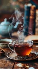 Ethereal steam rises from a cup of red tea beside a pile of books, set in a dreamy scene with a vintage teapot and warm tones.
