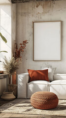 Mockup poster frame in a cozy family room with eclectic decor and warm tones, 3d render, hyperrealistic