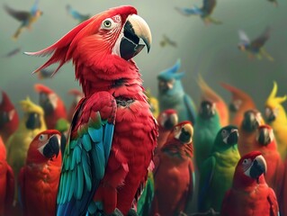 A parrot conducts a bird choir, leading a symphony of tweets and chirps in a harmonious performance