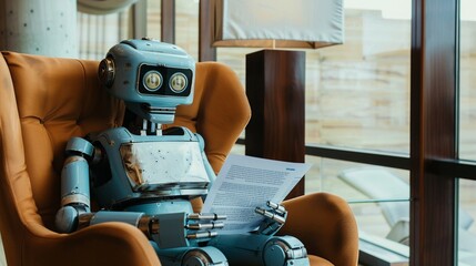A robot in a suit, nervously waiting in a sleek, modern office lobby for a job interview, reflecting on a digital resume - obrazy, fototapety, plakaty