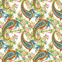 Watercolor little Rose blossom pattern, traditional Indian paisley arrangement seamless background