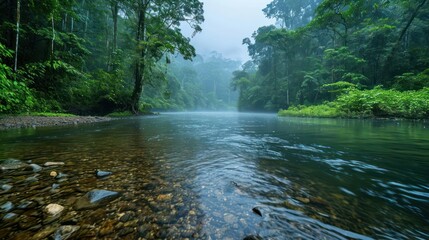 peaceful riverbank with a lush forest backdrop, illustrating the importance of preserving waterways...
