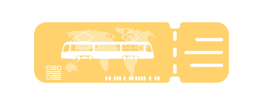Yellow tram ticket with world map vector. Booking a ticket for travel. Tourist ticket for the subway. City ticket vector. Boarding pass black icon.