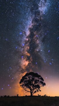 A solitary tree under the arc of the Milky Way, where night meets the gentle glow of dawn.