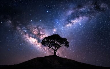 An ethereal nightscape captures a tree against the cosmic tapestry of the Milky Way in a clear, starry sky.