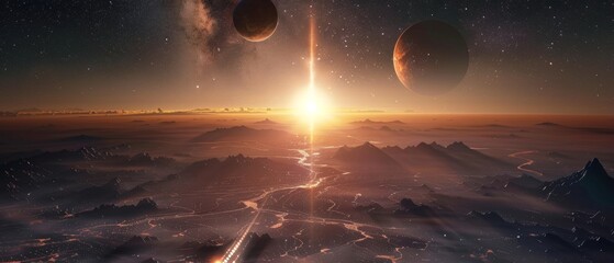 A wide, panoramic capture of nightfall with a luminous terrain stretching towards the horizon, under a sky lit by distant suns and flying spaceships.