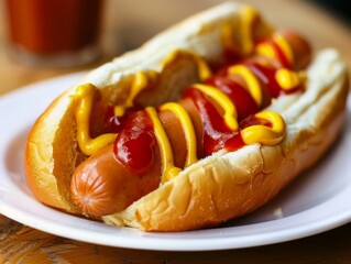 hot dog with mustard and ketchup