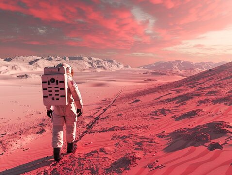Astronauts solitary trek on Mars crimson surface, a journey into the vast, unknown frontier