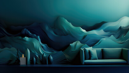 Surreal Blue Mountain Landscape in Modern Interior