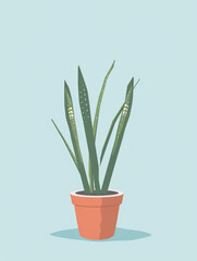 A minimalist digital illustration of an indoor snake plant in a pot, depicted with clean lines and flat colors. 