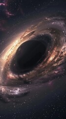 The stunning scene of a black hole pulling in matter, set against a backdrop of cosmic dust and stars.