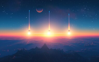 Three towering space elevators rise above the horizon during twilight, with a crescent moon adorning the starry sky.