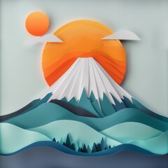 Fototapeta na wymiar Paper Art Illustration of Mount Fuji at Sunrise