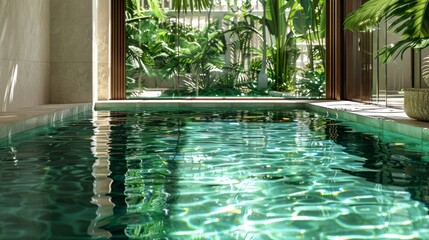 Pool edge, lush greenery and tropical plants