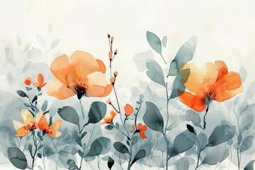 Abstract Watercolor Flowers and Leaves Artwork