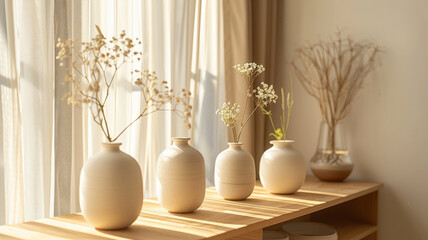 Four ceramic vases on a wooden table with dried flowers