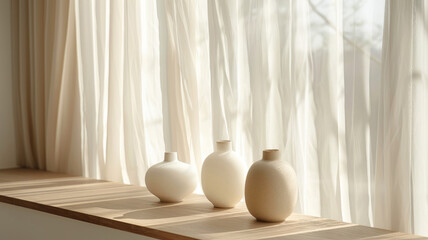 Three white vases on a shelf with sunlight.