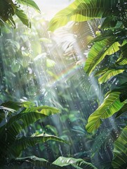 A symphony of rain in a tropical haven, where each droplet sparkles in the sunlight against a canopy of green.