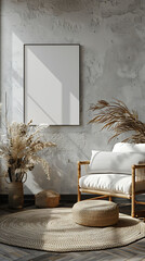 Mockup poster frame in a modern farmhouse living room with neutral tones and cozy textures, 3d render, hyperrealistic