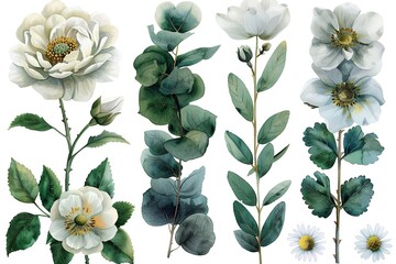 Watercolor floral illustration set - bouquet, frame, border. White flowers, rose, peony