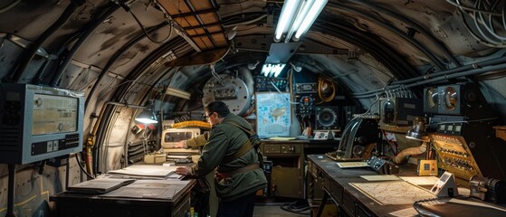 An officer meticulously studies navigational charts amidst the control panels and aged equipment of a submarine's command center.