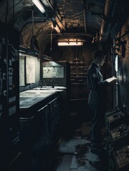 Amidst the submarine's control systems, an officer reviews tactical plans, his attention captured by the details of the operation.