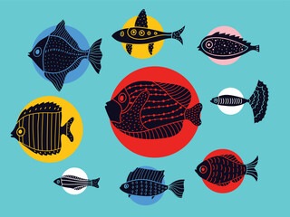 Fish. Clipart. Set. Cute line illustration. - 786443244