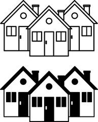 Village Icons. Black and White Vector Icons of Private House Buildings. Real estate, Mortgage. Residential Architecture
