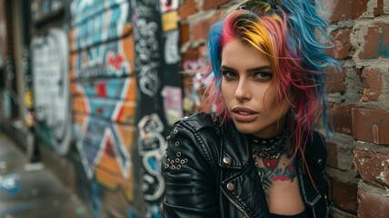 Fototapeta premium Woman with colorful hair by graffiti wall