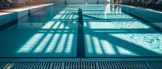Sunlight filters through a window, casting elongated shadows on the tiled floor of an indoor pool, highlighting tranquility and clean lines.