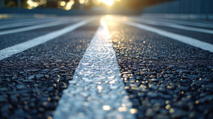 Photo of a sunlit crosswalk on an asphalt road. - obrazy, fototapety, plakaty