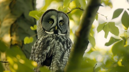 Gray owl sitting on a tree branch, its keen eyes piercing the surrounding foliage, against a softly blurred nature background