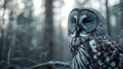 Gray owl sitting on a tree branch, its keen eyes piercing the surrounding foliage, against a softly blurred nature background - Powered by Adobe