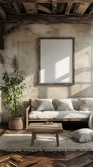Mockup poster frame in a rustic farmhouse living room with distressed wood accents, 3d render, hyperrealistic
