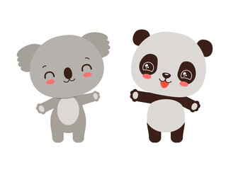 Kawaii panda and koala cute animals. Anime chibi cartoon animal characters. Adorable chinese panda bear and koala australian bear smiling waving. Baby children vector illustration flat design.