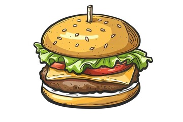 Delightfully detailed: a vibrant illustration of a juicy burger with fresh lettuce, melted cheese, ripe tomatoes and fried patties