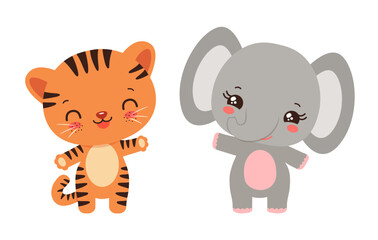 Kawaii tiger and elephant cute safari animals. Anime chibi cartoon animal characters. Adorable tiger cub and elephant calf smiling waving. Baby children vector illustration flat design.