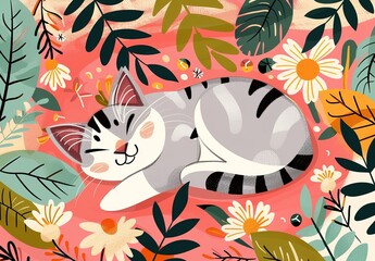 Tranquil sleep amidst the embrace of nature: a vibrant illustration of a cat nestled among colorful leaves