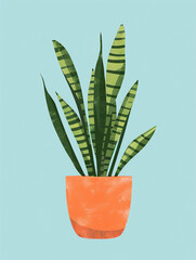 A minimalist digital illustration of an indoor snake plant in a pot, depicted with clean lines and flat colors. 