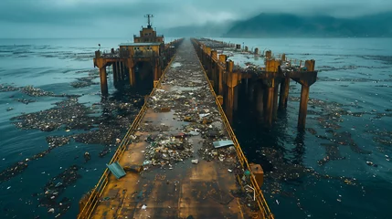 Fotobehang Environmental Protection  Marine Pollution, rusty pier covered by trash © 하양이 블루