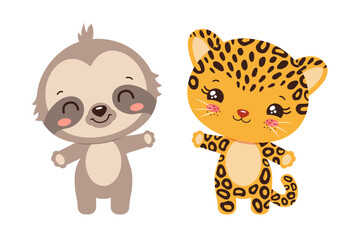 Naklejka premium Kawaii sloth and jaguar cute jungle animals. Anime chibi cartoon characters. Adorable Amazonian animal smiling waving. Baby cheetah or leopard or jaguar children vector illustration flat design.