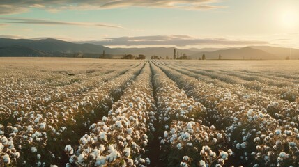 Cotton field with rows of healthy cotton plants stretching into the distance - obrazy, fototapety, plakaty