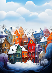 Whimsical winter town with colorful houses