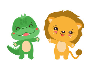 Kawaii crocodile and lion cute safari animals. Anime chibi cartoon african animal characters. Adorable lion cub and little croc smiling waving. Baby children vector illustration flat design.