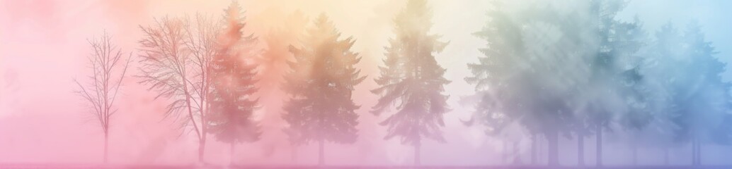 A soft pastel gradient background with trees and fog,.